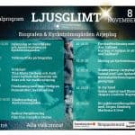 Affischbild med programpunkter och tider för festivalen Ljusglimt